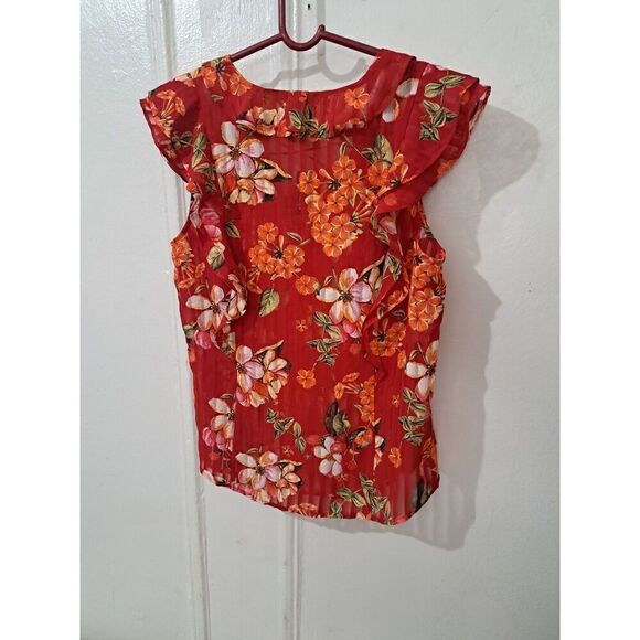 Express Womens Small Top Red Orange Flutter Sleeve Blouse Floral - Picture 4 of 8